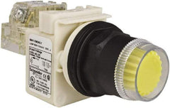 Schneider Electric - 30mm Mount Hole, Extended Straight, Pushbutton Switch with Contact Block - Yellow Pushbutton, Momentary (MO) - Americas Industrial Supply