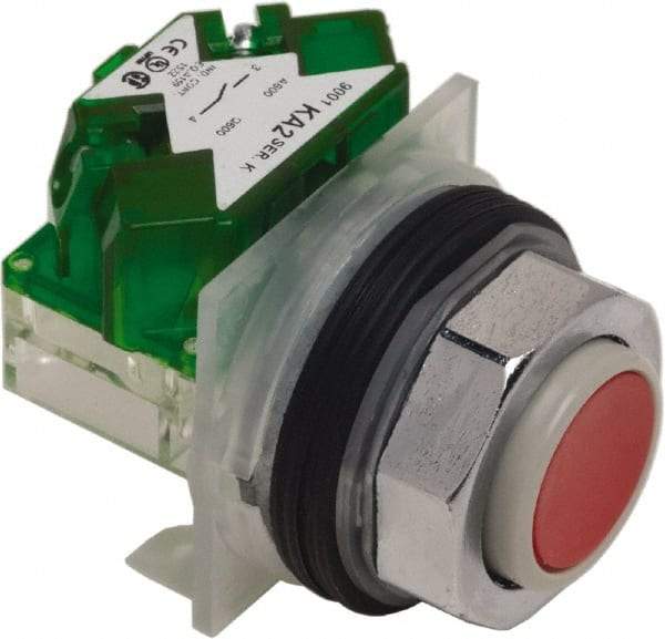 Schneider Electric - 30mm Mount Hole, Extended Straight, Pushbutton Switch with Contact Block - Red Pushbutton, Momentary (MO) - Americas Industrial Supply