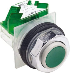Schneider Electric - 30mm Mount Hole, Extended Straight, Pushbutton Switch with Contact Block - Green Pushbutton, Momentary (MO) - Americas Industrial Supply