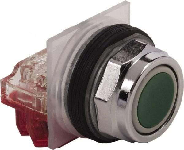 Schneider Electric - 30mm Mount Hole, Extended Straight, Pushbutton Switch with Contact Block - Green Pushbutton, Momentary (MO) - Americas Industrial Supply