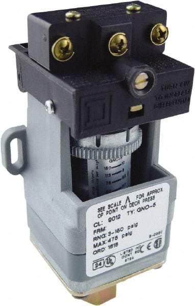 Square D - SPDT, 3 to 150 psi, Electromechanical Pressure and Level Switch - Adjustable Pressure, 120 VAC at 6 Amp, 125 VDC at 0.22 Amp, 240 VAC at 3 Amp, 250 VDC at 0.27 Amp, 1/4 Inch Connector, Screw Terminal, For Use with 9012G - Americas Industrial Supply