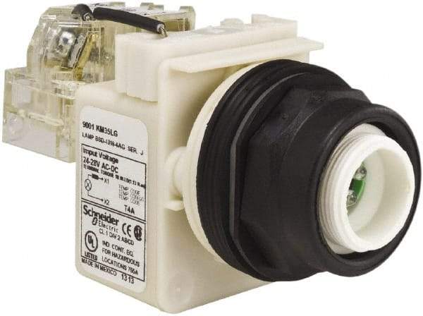 Schneider Electric - 28 V Green Lens LED Pilot Light - Round Lens, Screw Clamp Connector, 54mm OAL x 42mm Wide, Vibration Resistant - Americas Industrial Supply