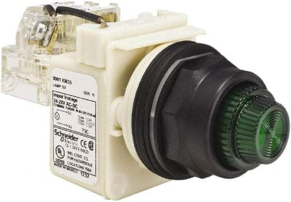 Schneider Electric - 24 V, 28 V Green Lens Press-to-Test Indicating Light - Round Lens, Screw Clamp Connector, Corrosion Resistant, Dust Resistant, Oil Resistant - Americas Industrial Supply