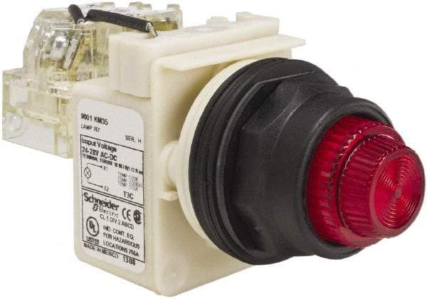 Schneider Electric - 24 V, 28 V Red Lens Press-to-Test Indicating Light - Round Lens, Screw Clamp Connector, Corrosion Resistant, Dust Resistant, Oil Resistant - Americas Industrial Supply