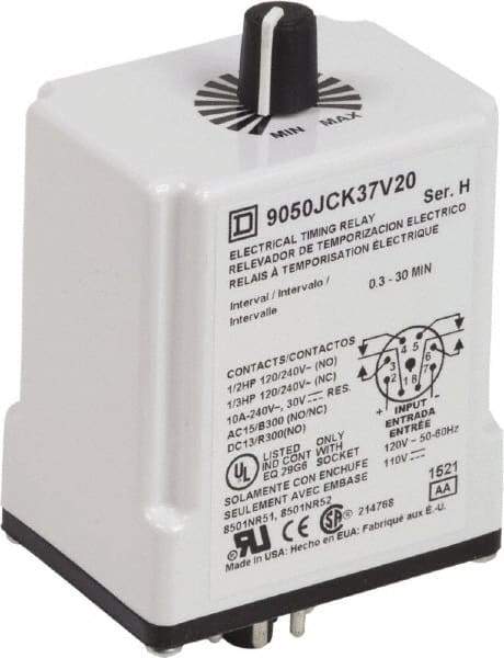 Square D - 0.3 to 30 min Delay, DPDT Time Delay Relay - 10 Contact Amp, 110 VDC & 120 VAC - Americas Industrial Supply