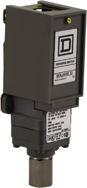 Square D - 1 NEMA Rated, SPDT, 90 to 2,900 psi, Electromechanical Pressure and Level Switch - Adjustable Pressure, 120 VAC at 6 Amp, 125 VDC at 0.22 Amp, 240 VAC at 3 Amp, 250 VDC at 0.27 Amp, 1/4 Inch Connector, Screw Terminal, For Use with 9012G - Americas Industrial Supply