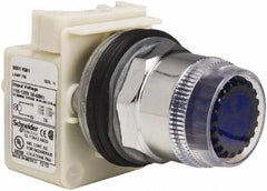 Schneider Electric - 1.18 Inch Mount Hole, Extended Straight, Pushbutton Switch Only - Round, Blue Pushbutton, Illuminated, Momentary (MO), Weatherproof, Dust and Oil Resistant - Americas Industrial Supply