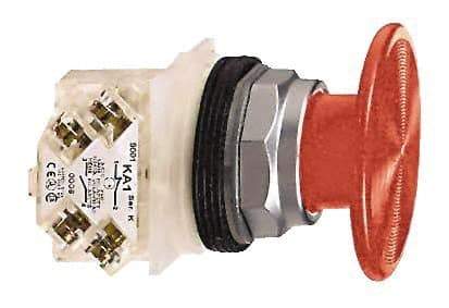 Schneider Electric - 30mm Mount Hole, Extended Mushroom Head, Pushbutton Switch with Contact Block - Round, Red Pushbutton, Momentary (MO) - Americas Industrial Supply