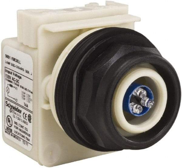 Schneider Electric - 120 V Blue Lens LED Pilot Light - Round Lens, Screw Clamp Connector, 54mm OAL x 42mm Wide, Vibration Resistant - Americas Industrial Supply