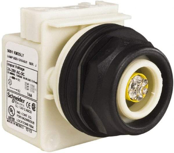 Schneider Electric - 28 V Yellow Lens LED Pilot Light - Round Lens, Screw Clamp Connector, 54mm OAL x 42mm Wide, Vibration Resistant - Americas Industrial Supply