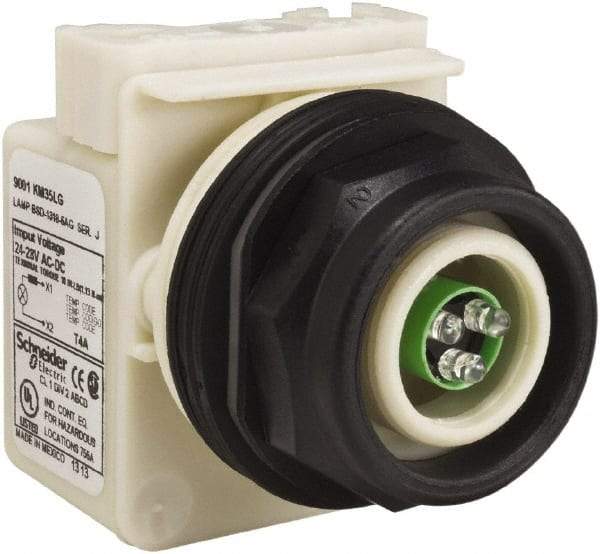 Schneider Electric - 28 V Green Lens LED Pilot Light - Round Lens, Screw Clamp Connector, 54mm OAL x 42mm Wide, Vibration Resistant - Americas Industrial Supply