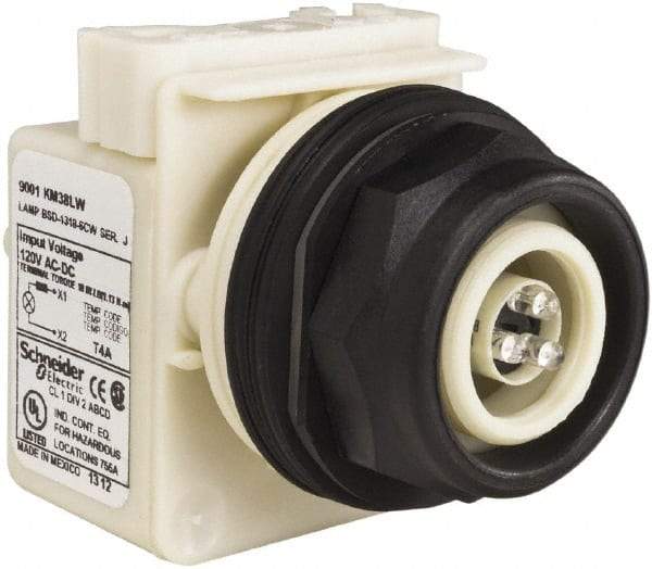 Schneider Electric - 120 V White Lens LED Pilot Light - Round Lens, Screw Clamp Connector, 54mm OAL x 42mm Wide, Vibration Resistant - Americas Industrial Supply