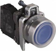 Schneider Electric - 22mm Mount Hole, Extended Straight, Pushbutton Switch with Contact Block - Round, Blue Pushbutton, Momentary (MO) - Americas Industrial Supply