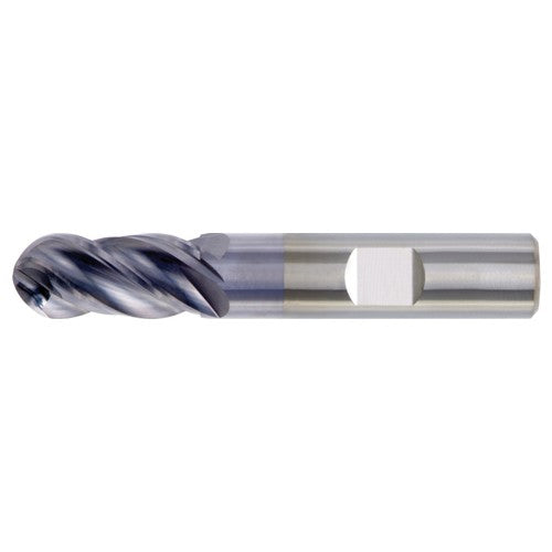 ‎1/4″ Dia. × 1/4″ Shank × 3/4″ DOC × 2-1/2″ OAL, Carbide TiAlN, Unequal Flute Spacing , 4 Flute, CW|38° Helix, Round, Ballnose End Mill - Exact Industrial Supply