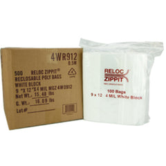 9″ × 12″ 4-MIL White Block Reloc Zippit Zipper Bags, Sold per Case of 500 (5 boxes of 100 per case)