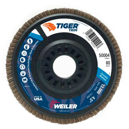 4-1/2″ Tiger Disc Abrasive Flap Disc, Angled, Trimmable Backing, 80Z, 7/8″ Arbor Hole - Americas Industrial Supply