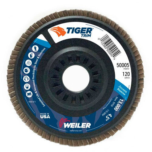 4-1/2″ Tiger Disc Abrasive Flap Disc, Angled, Trimmable Backing, 120Z, 7/8″ Arbor Hole - Americas Industrial Supply
