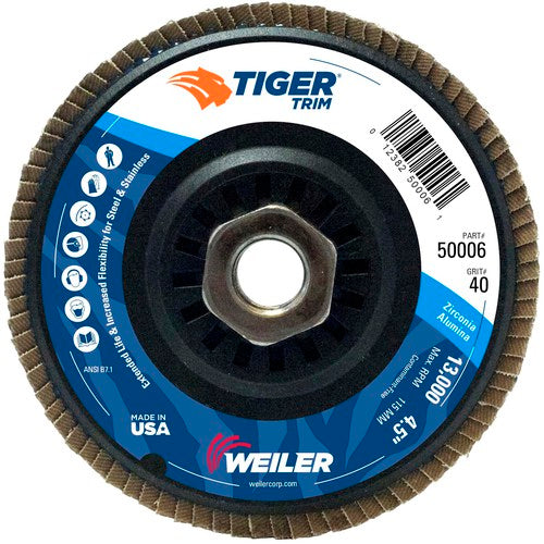 4-1/2″ Tiger Disc Abrasive Flap Disc, Angled, Trimmable Backing, 40Z, 5/8″-11 UNC Nut - Americas Industrial Supply