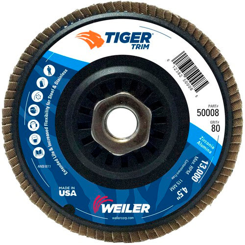 4-1/2″ Tiger Disc Abrasive Flap Disc, Angled, Trimmable Backing, 80Z, 5/8″-11 UNC Nut - Americas Industrial Supply