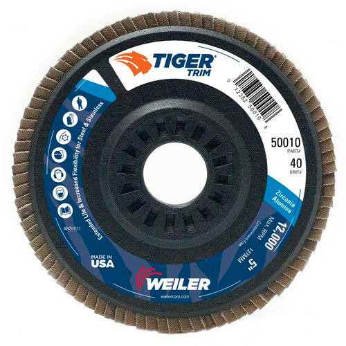 5″ Tiger Disc Abrasive Flap Disc, Angled, Trimmable Backing, 40Z, 7/8″ Arbor Hole - Americas Industrial Supply
