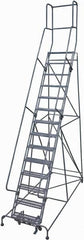 Cotterman - 182" 14 Step Rolling Warehouse Ladder - Rolling Safety Ladder, 450 Lb Capacity, 140" Platform Height, 42" Base Width x 101" Base Depth, Expanded Metal Tread - Americas Industrial Supply