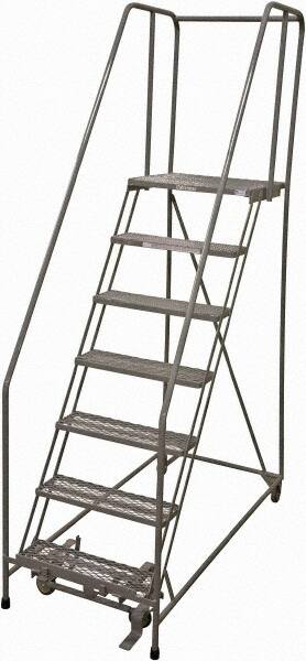 Cotterman - 100" 7 Step Rolling Warehouse Ladder - Rolling Safety Ladder, 450 Lb Capacity, 70" Platform Height, 30" Base Width x 63" Base Depth, Expanded Metal Tread - Americas Industrial Supply