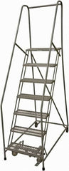 Cotterman - 100" 7 Step Rolling Warehouse Ladder - Rolling Safety Ladder, 450 Lb Capacity, 70" Platform Height, 24" Base Width x 53" Base Depth, Serrated Steel - Americas Industrial Supply