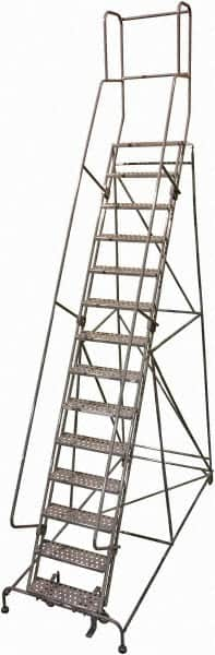 Cotterman - 182" 14 Step Rolling Warehouse Ladder - Rolling Safety Ladder, 450 Lb Capacity, 140" Platform Height, 42" Base Width x 111" Base Depth, Perforated Tread - Americas Industrial Supply