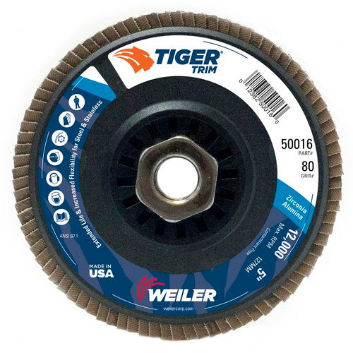 5″ Tiger Disc Abrasive Flap Disc, Angled, Trimmable Backing, 80Z, 5/8″-11 UNC Nut - Americas Industrial Supply