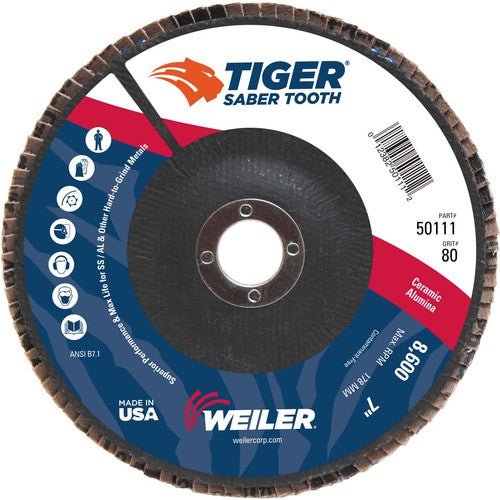 7″ Saber Tooth Ceramic Abrasive Flap Disc, Angled, Phenolic Backing, 80C, 7/8″ Arbor Hole - Americas Industrial Supply