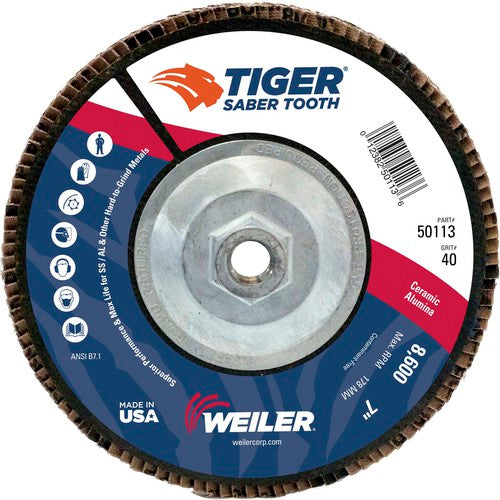 7″ Saber Tooth Ceramic Abrasive Flap Disc, Angled, Phenolic Backing, 40C, 5/8″-11 UNC Nut - Americas Industrial Supply