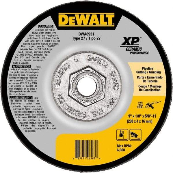 DeWALT - 24 Grit, 9" Wheel Diam, Type 27 Depressed Center Wheel - Coarse/Medium Grade, Ceramic, N Hardness, 6,600 Max RPM - Americas Industrial Supply