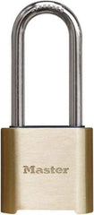 Master Lock - 2" Body Width x 3" Body Height, 2" Shackle Clearance, Brass Finish Combination Lock - 5/16" Shackle Diam, 1" Shackle Width, Set Your Own 4 Digit Combination - Americas Industrial Supply