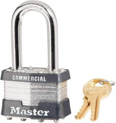 Master Lock - 1-1/2" Shackle Clearance, Keyed Alike Laminated Steel Padlock - 5/16" Shackle Diam, Steel - Americas Industrial Supply