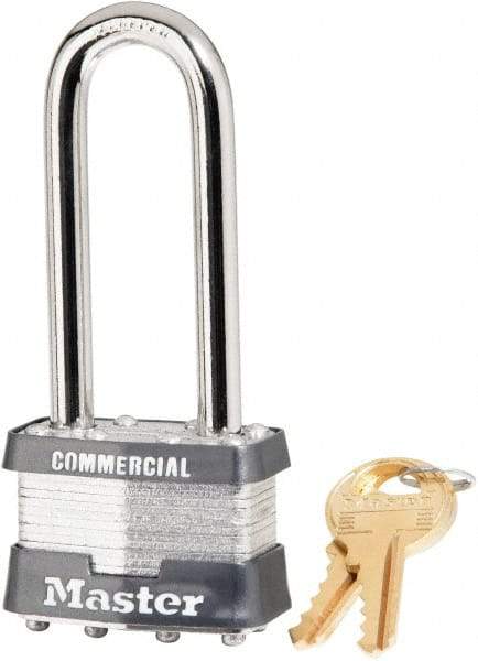 Master Lock - 2-1/2" Shackle Clearance, Keyed Different Laminated Steel Padlock - 5/16" Shackle Diam, Steel - Americas Industrial Supply