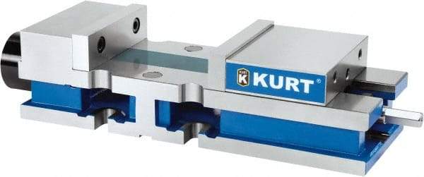 Kurt - 8" Jaw Width, 10-1/4" Jaw Opening Capacity, Horizontal Stationary Machine Vise - Reverse Hydraulic Operation, 1 Station, 27" Long x 6" High x 1" Deep, 6" Jaw Height, 3,200 Lb Max Clamp Force, Ductile Iron - Americas Industrial Supply