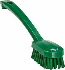 Vikan - 0.8" Bristle Length, Polyester Food Service Brush - 3" Long x 1.6" Wide Head, 10.2" OAL, Ergonomic Handle, Green, Polypropylene Block - Americas Industrial Supply