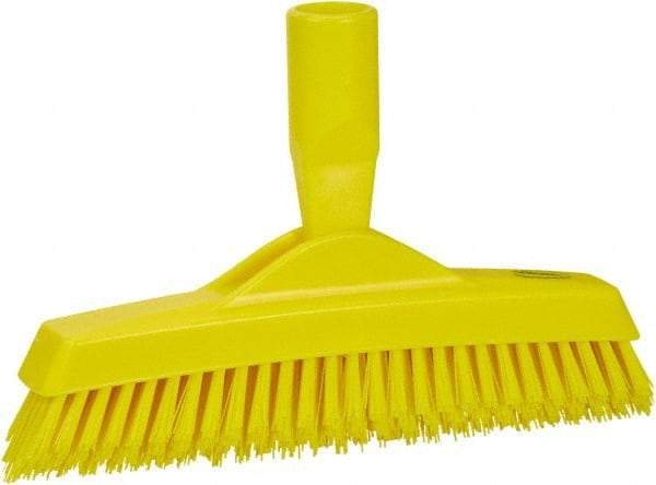 Vikan - 1.6" Bristle Length, Polyester Utility Scrub Brush - 9" Long x 1-1/2" Wide Head, 9-1/4" OAL, European Threaded Handle, Yellow, Polypropylene Block - Americas Industrial Supply