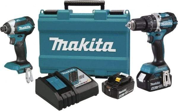 Makita - 18 Volt Cordless Tool Combination Kit - Includes 1/2" Hammer Drill & 1/4" Impact Driver, Lithium-Ion Battery Included - Americas Industrial Supply