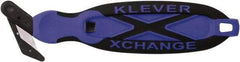 Klever Innovations - Quick-Change Safety Cutter - 1-1/4" Carbon Steel Blade, Blue Plastic/Softgrip Handle, 1 Blade Included - Americas Industrial Supply