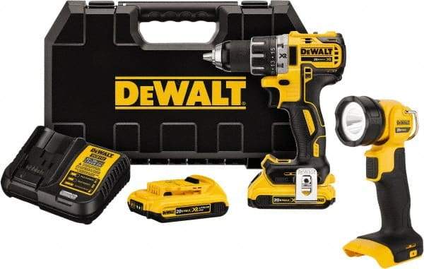 DeWALT - 20 Volt 1/2" Chuck Mid-Handle Cordless Drill - 0-500 & 0-2000 RPM, Keyless Chuck, Reversible, 2 Lithium-Ion Batteries Included - Americas Industrial Supply