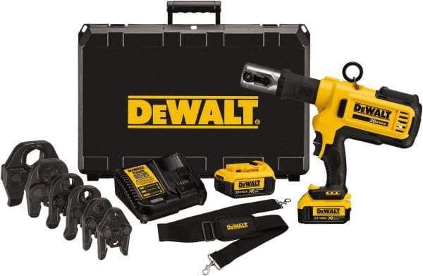 DeWALT - 4 Ton Electric Crimper - Includes DCE200, (2) DCB204, DCE115, Shoulder Strap, (5) 1/2 - 2" Crimping Heads, Kit Box - Americas Industrial Supply