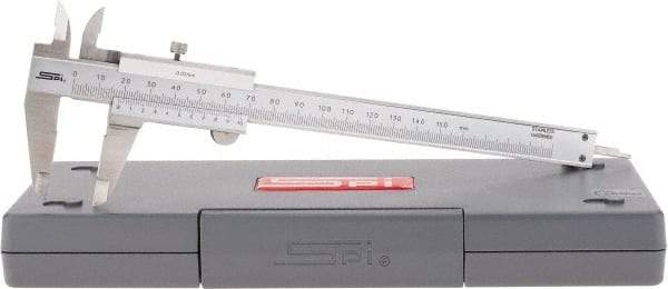 SPI - 0 to 150mm Stainless Steel Vernier Caliper - 0.02mm Graduation, 1.57" Jaw Depth, 0.02" Accuracy, Includes NIST Traceability Certificate - Americas Industrial Supply