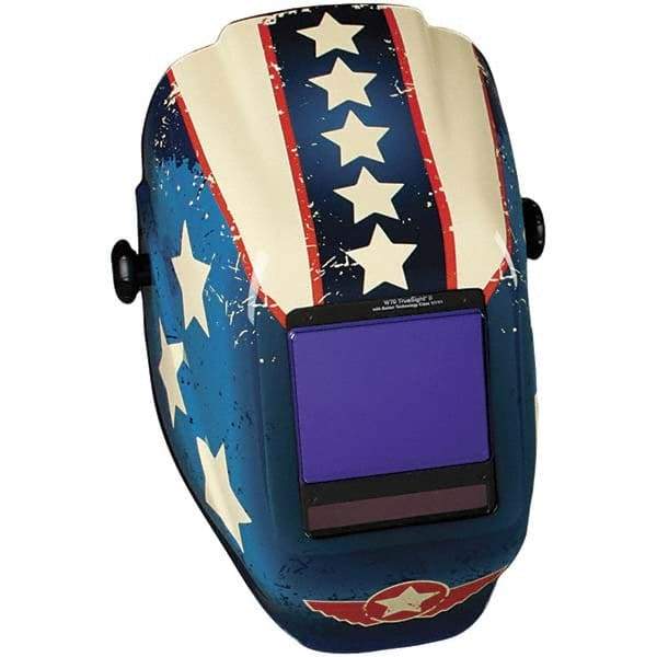 Jackson Safety - 3-1/4" Window Width x 4" Window Height, 5 to 8 & 9 to 13 Shade Auto-Darkening Lens, Fixed Front Welding Helmet with Digital Controls - Red/White/Blue Stars & Scars Design, Nylon - Americas Industrial Supply