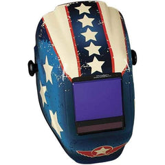 Jackson Safety - 3-1/4" Window Width x 4" Window Height, 5 to 8 & 9 to 13 Shade Auto-Darkening Lens, Fixed Front Welding Helmet with Digital Controls - Red/White/Blue Stars & Scars Design, Nylon - Americas Industrial Supply