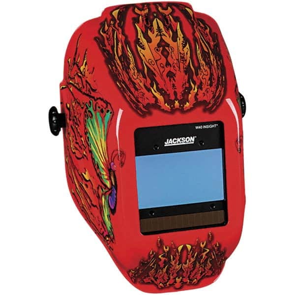 Jackson Safety - 2.36" Window Width x 3.94" Window Height, 9 to 13 Shade Auto-Darkening Lens, Fixed Front Welding Helmet with Digital Controls - Red Flaming Butterfly Design, Nylon - Americas Industrial Supply