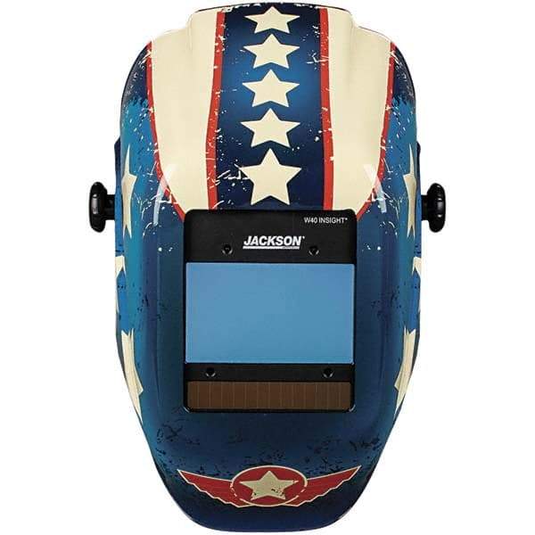 Jackson Safety - 2.36" Window Width x 3.94" Window Height, 9 to 13 Shade Auto-Darkening Lens, Fixed Front Welding Helmet with Digital Controls - Red/White/Blue Stars & Scars Design, Nylon - Americas Industrial Supply