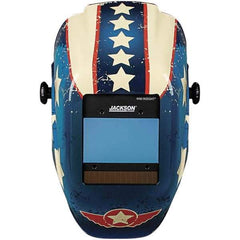 Jackson Safety - 2.36" Window Width x 3.94" Window Height, 9 to 13 Shade Auto-Darkening Lens, Fixed Front Welding Helmet with Digital Controls - Red/White/Blue Stars & Scars Design, Nylon - Americas Industrial Supply