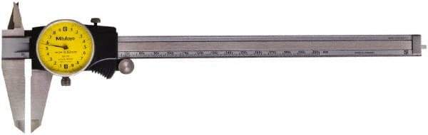 Mitutoyo - 0mm to 200mm Range, 0.02mm Graduation, 2mm per Revolution, Dial Caliper - Yellow Face, 50mm Jaw Length, Accurate to 0.03mm - Americas Industrial Supply