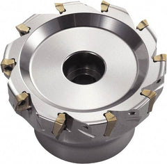 Kyocera - 9 Inserts, 100mm Cut Diam, 17.6mm Arbor Diam, 15.7mm Max Depth of Cut, Indexable Square-Shoulder Face Mill - 0° Lead Angle, 63mm High, BDMT 1704 Insert Compatibility, Through Coolant - Americas Industrial Supply